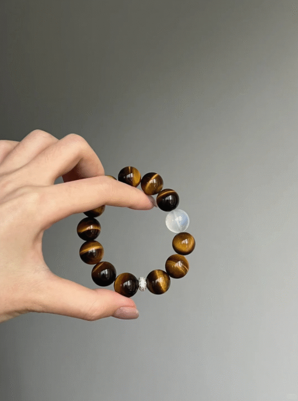 Wrist-Worn Yellow Tiger's Eye Bracelet, Tiger Stripes & Blue Moonstone Resonance, Earth Energy Manifests
