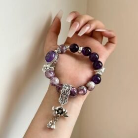 Wrist-Wearing Amethyst + Tourmaline Bracelet, Purple-Fire Glow Flows, Double-Fire-Earth-Metal Energy Manifests
