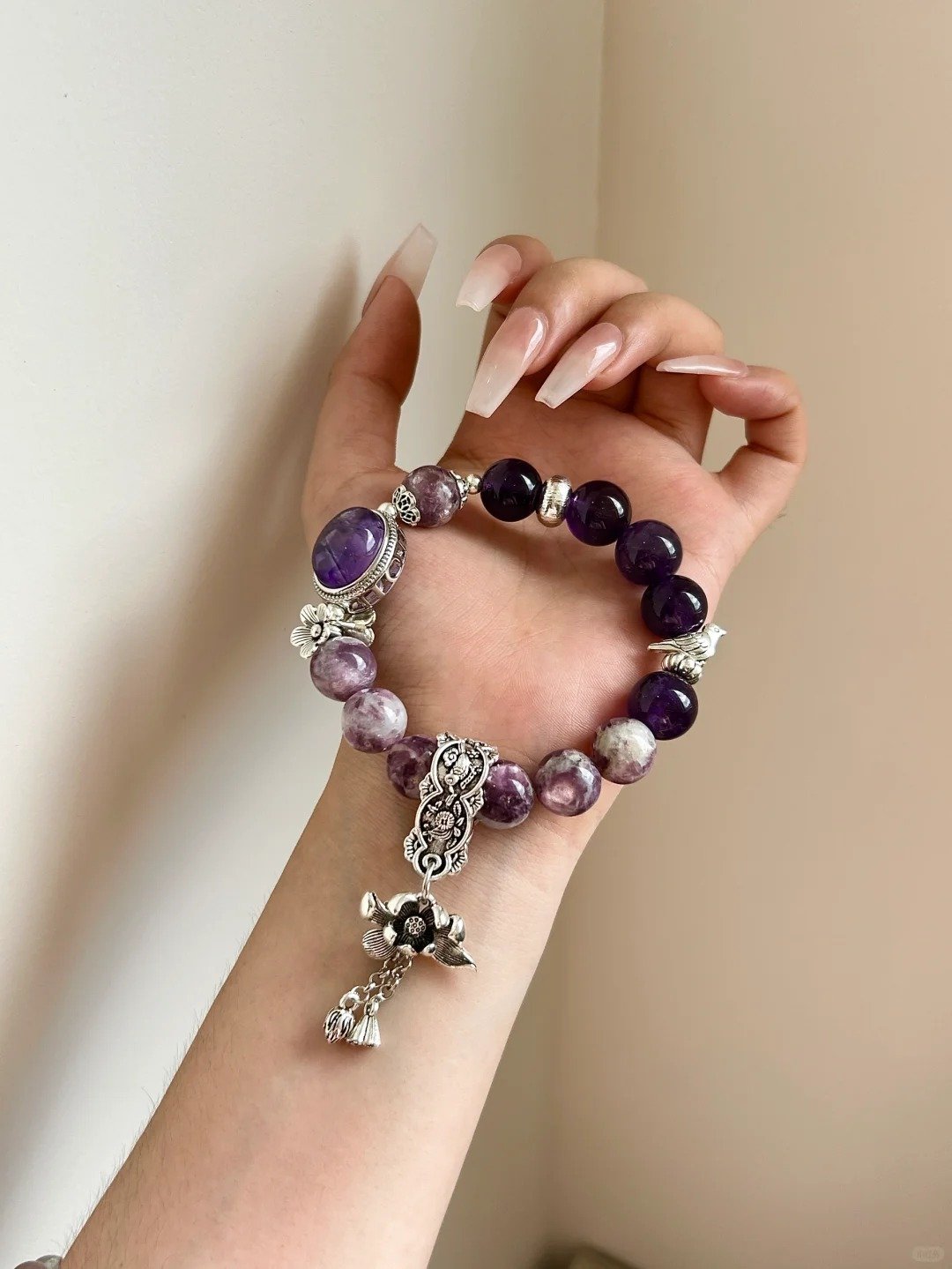 Wrist-Wearing Amethyst + Tourmaline Bracelet, Purple-Fire Glow Flows, Double-Fire-Earth-Metal Energy Manifests