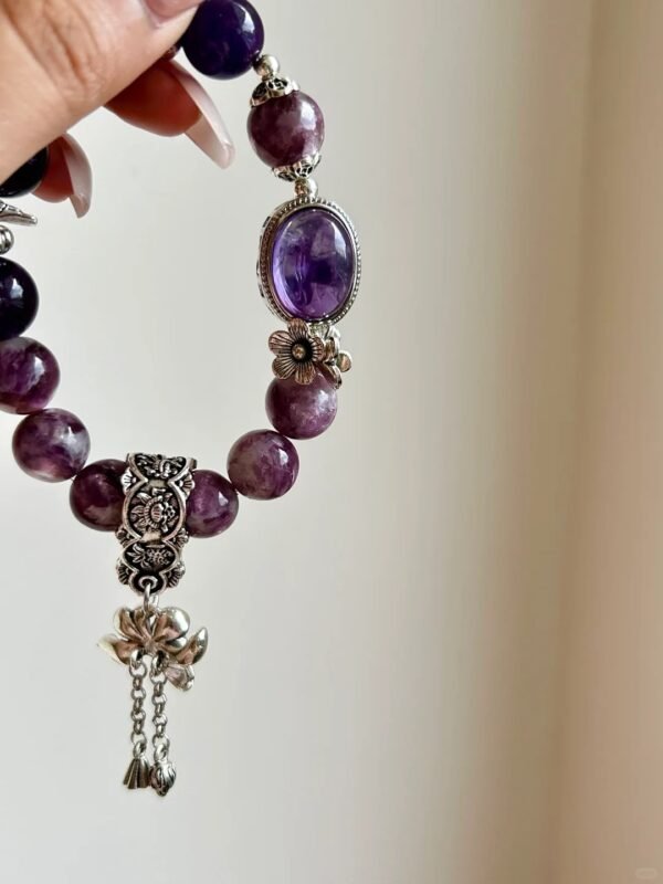 Displaying 11.3mm Lepidolite × 12.3mm Uruguayan Amethyst × Tourmaline Bracelet, Silver Plum Charms, Double-Fire-Earth-Metal Energy Awakens