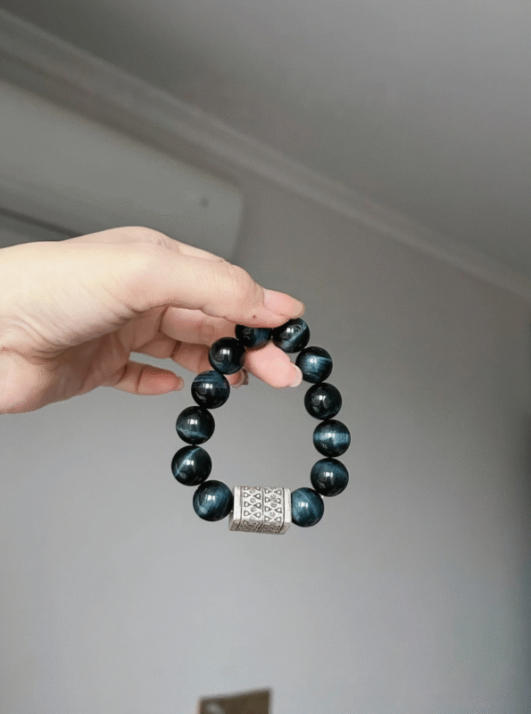 Framed Lightning Blue Tiger's Eye Bracelet, Handmade Silver Totem Shows Protection