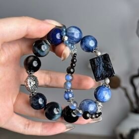 Hand Displaying 14mm Multi-Blue Gem Bracelet (Pietersite Square, Pietersite Round), Water-Metal-Earth Energy Activates Creative Field