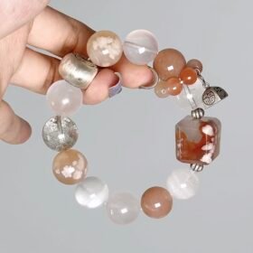 Close-Up of Cherry Blossom Agate Square Bead, Earth Veins Hold Gentle Energy