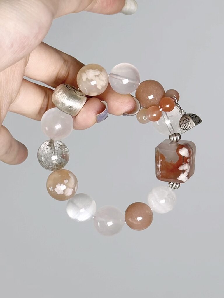 Close-Up of Cherry Blossom Agate Square Bead, Earth Veins Hold Gentle Energy
