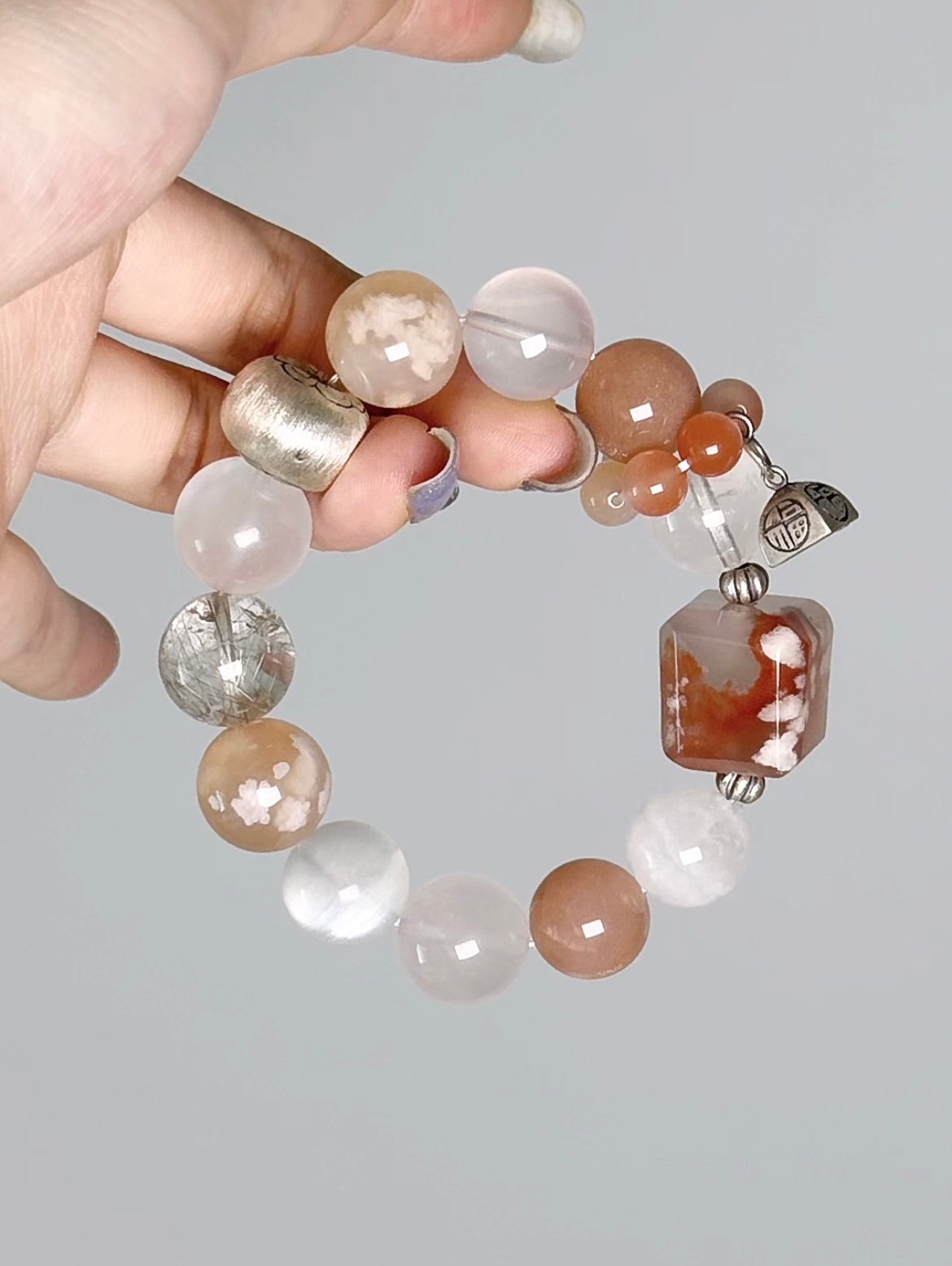 Close-Up of Cherry Blossom Agate Square Bead, Earth Veins Hold Gentle Energy