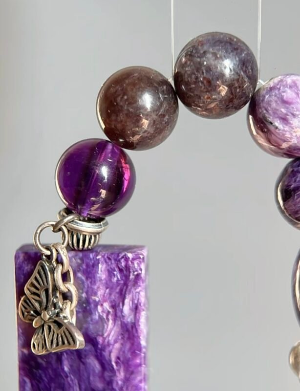 Close-Up of Charoite Square Bracelet, Fire-Earth-Metal Energy Weaves Spiritual Awakening Field