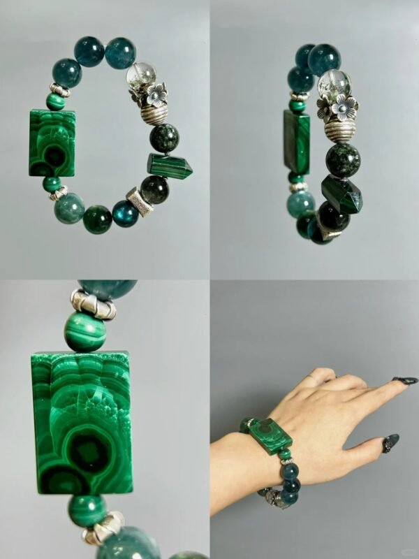 Close-Up of Malachite Square Pendant, Wood Veins Etch Growth Totem