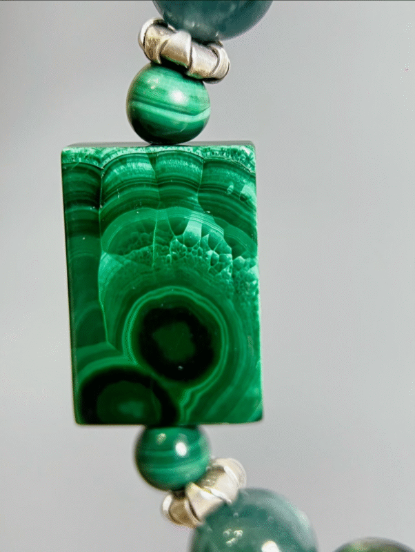 Close-Up of Malachite Point, Wood Veins Carve Manifestation Blade