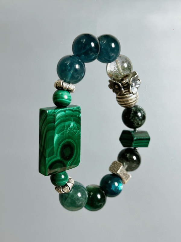 Panoramic View of Malachite Multi-Gem Bracelet, Wood-Water-Metal Energy Weaves Nature Growth Field