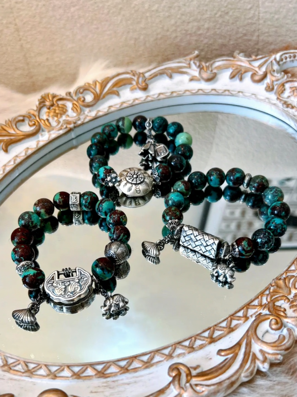 Phoenix Turquoise Bracelet Display, Wood Veins Etch Spiritual Protection Totem
