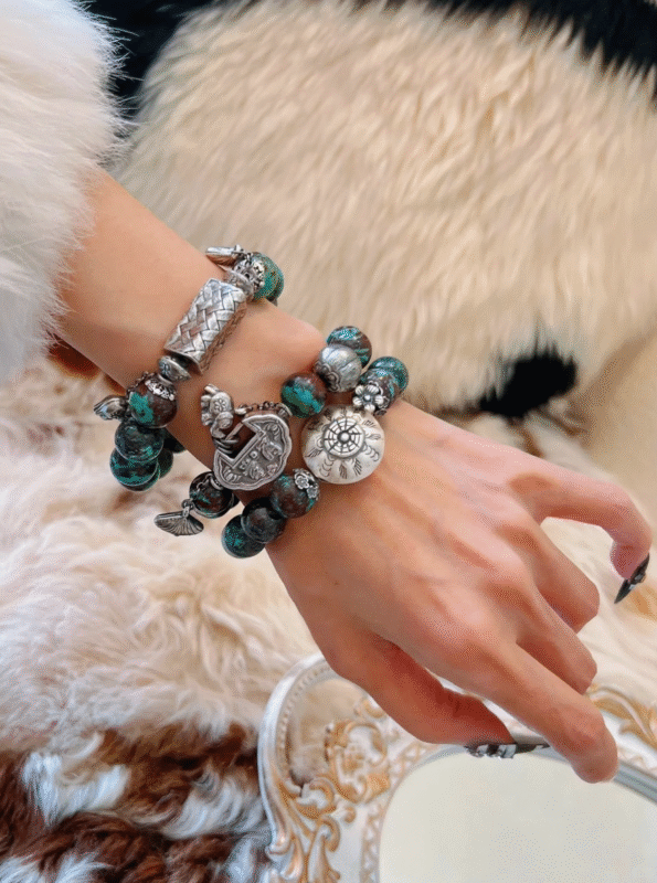 Hand-Wearing Phoenix Turquoise & Silver Bracelet, Wood-Metal Energy Weaves Spiritual Awakening Field