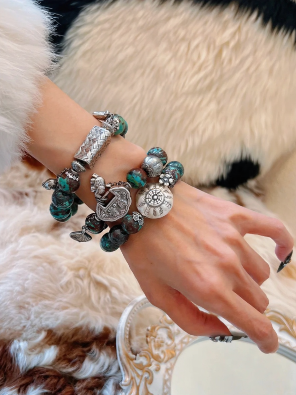 Hand-Wearing Phoenix Turquoise & Silver Bracelet, Wood-Metal Energy Weaves Spiritual Awakening Field