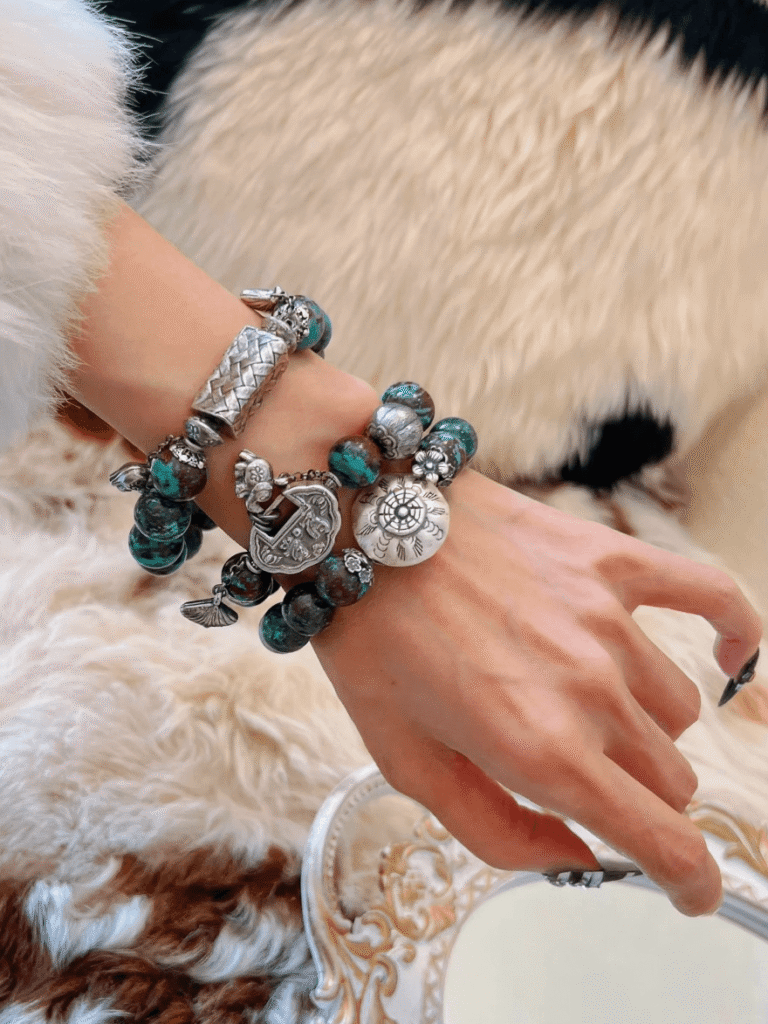 Hand-Wearing Phoenix Turquoise & Silver Bracelet, Wood-Metal Energy Weaves Spiritual Awakening Field
