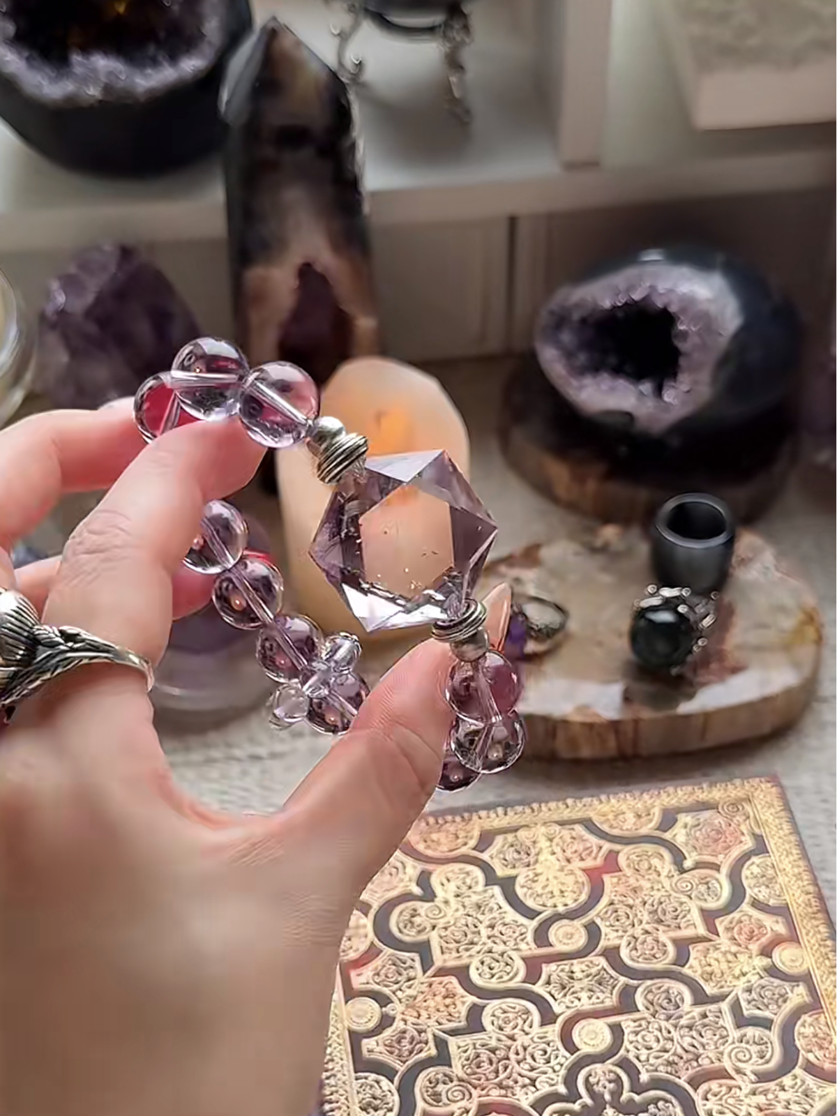 Amethyst Azeztulite Bracelet With Ritual Scene, Water-Metal Spiritual Sync