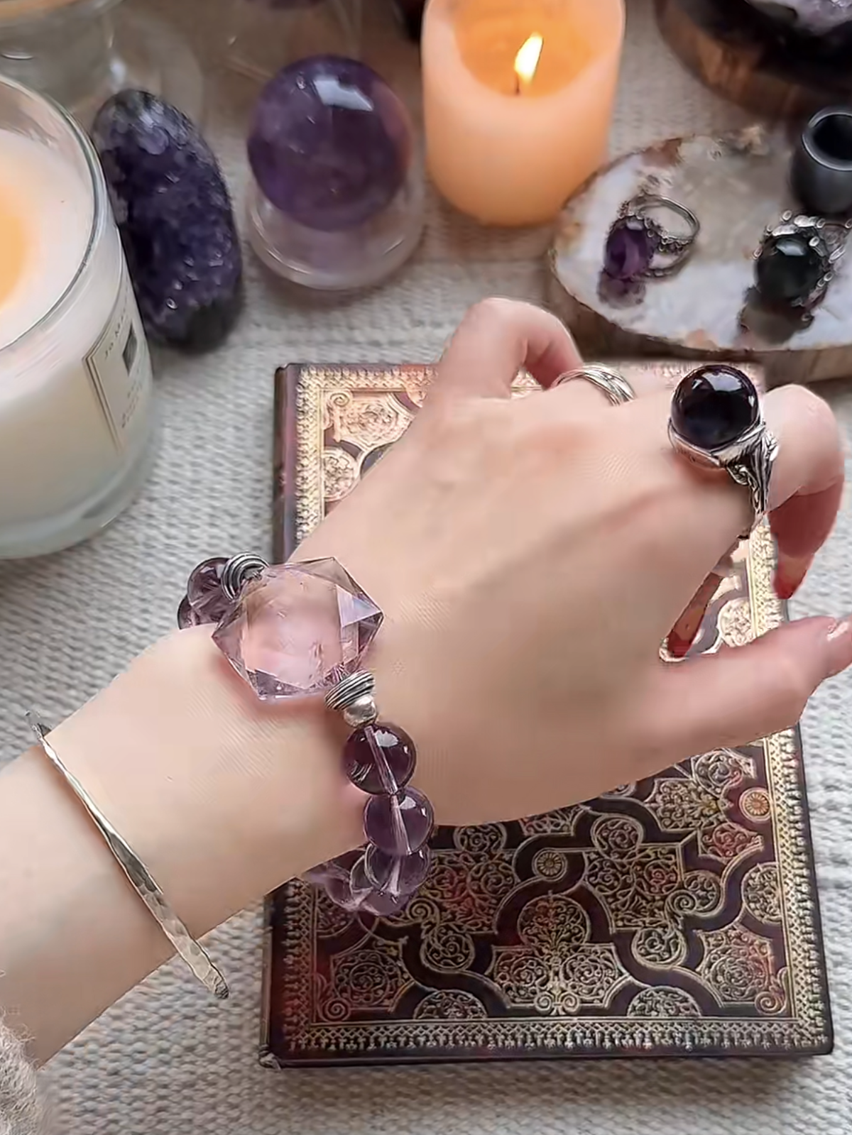 Hand Adjusting Amethyst Azeztulite Bracelet, Water-Metal Rewrites Fate Path
