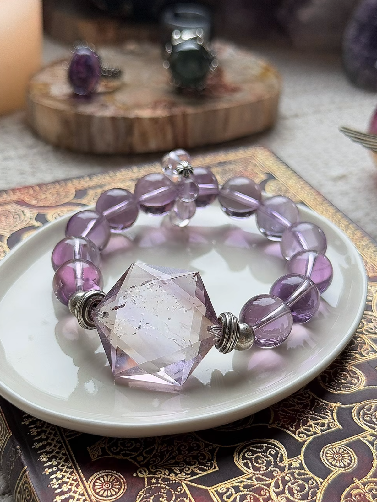 Amethyst Azeztulite Bracelet Display, Water Veins Etch Manifestation Totem