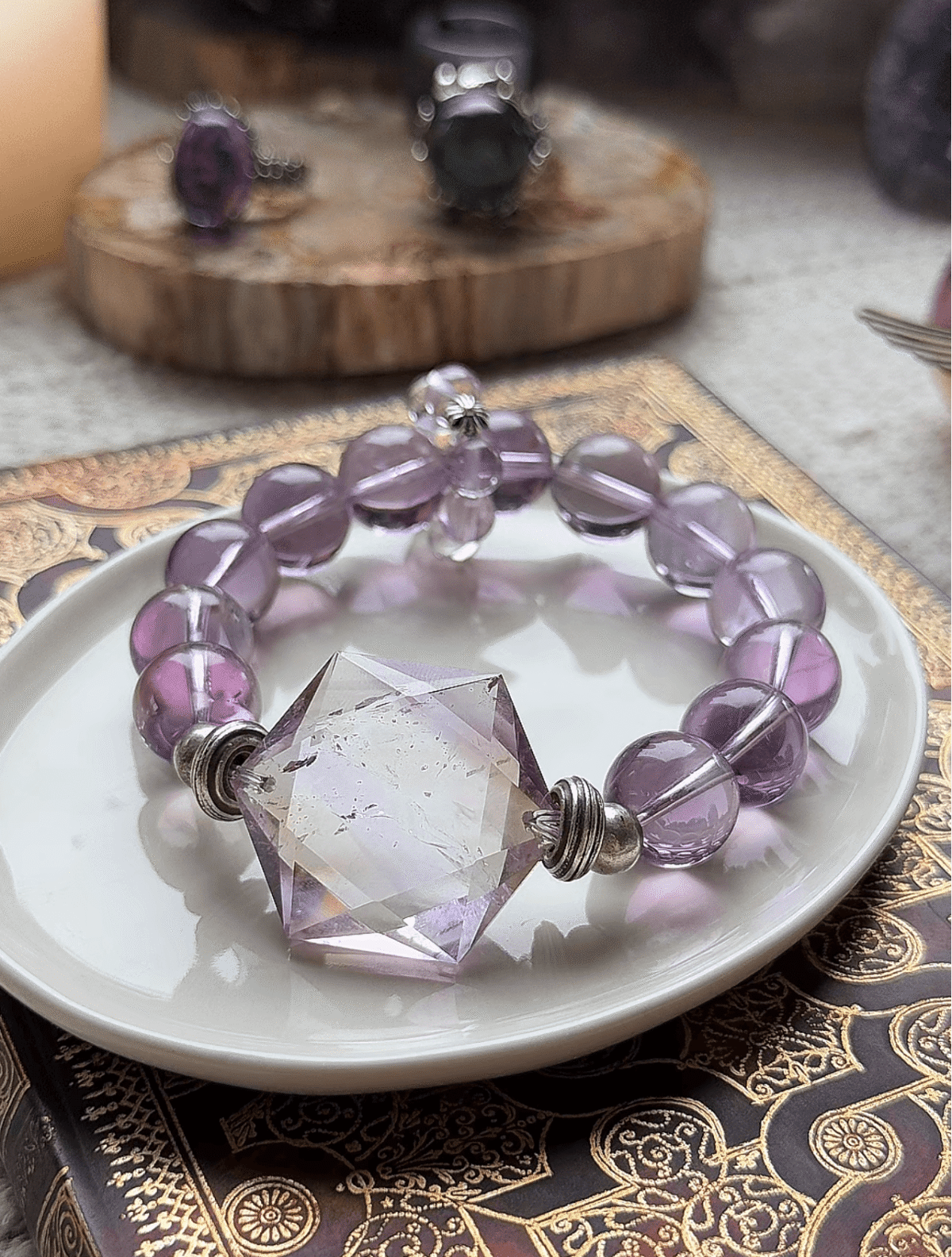 Amethyst Azeztulite Bracelet Display, Water Veins Etch Manifestation Totem