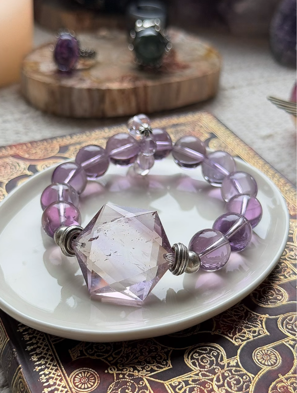 Amethyst Azeztulite Bracelet Display, Water Veins Etch Manifestation Totem
