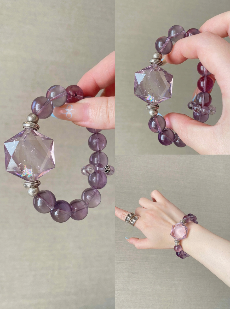 Hand-Wearing Amethyst Azeztulite Hexagram Bracelet, Water-Metal Energy Weaves Spiritual Manifestation Field