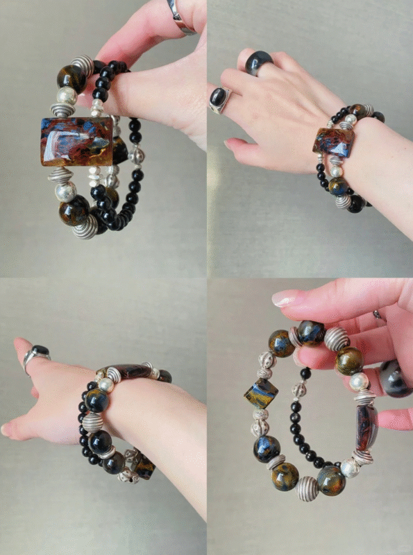 Pietersite Bracelet Display, Fire-Water-Metal Power Finale