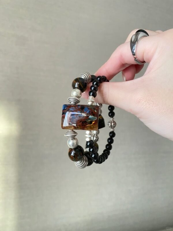 Hand-Wearing Pietersite & Obsidian Bracelet, Fire-Water-Metal Energy Weaves Power Field
