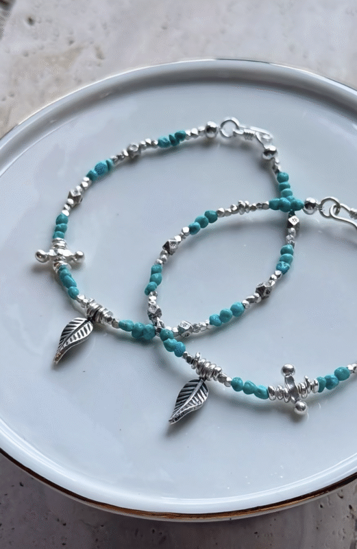 Turquoise & Leaf Silver Bracelet Display, Wood-Metal Energy Weaves Healing Field