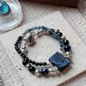 Multi-Gem Bracelet Display, Aquamarine, Pietersite, Silver Obsidian & Silver Unite