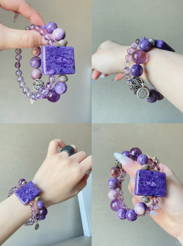 Charoite Bracelet Display, Wood-Fire Spiritual Finale