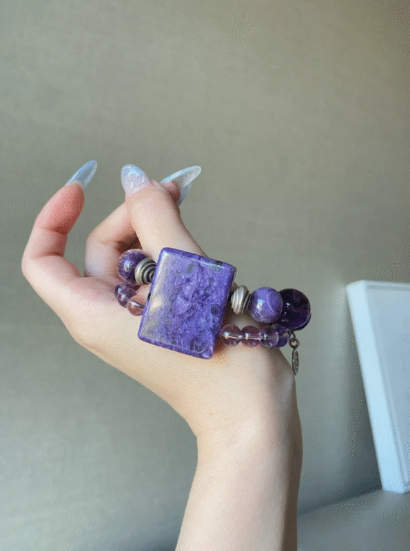 Hand-Showing Charoite Bracelet Details, Wood-Fire Awakening Engine