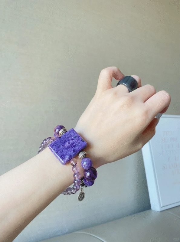 Close-Up of Charoite Square Pendant, Spiritual Blade In Wood-Fire Veins