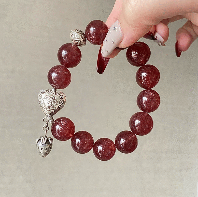 Close-Up of Star Strawberry Quartz Bracelet, Attraction Codes In Wood-Metal