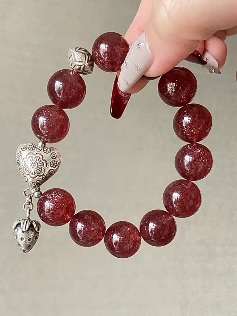 Close-Up of Star Strawberry Quartz Bracelet, Attraction Codes In Wood-Metal