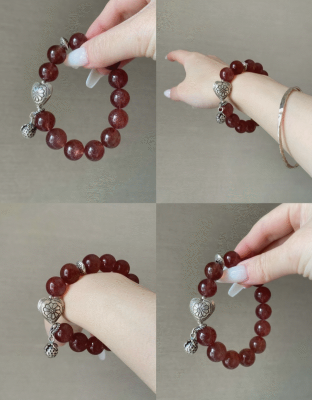Multi-View of Star Strawberry Quartz & Silver Bracelet, Wood-Metal Energy Weaves Attraction Field