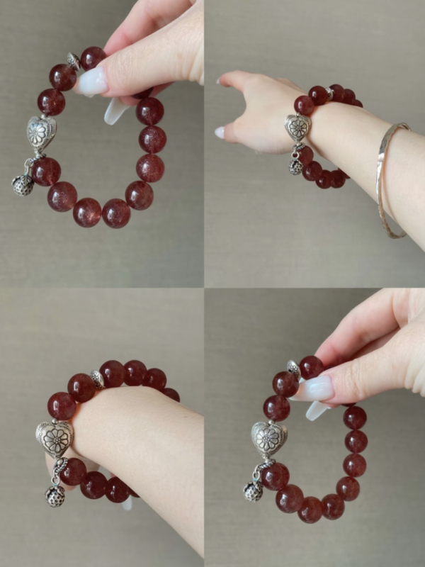 Multi-View of Star Strawberry Quartz & Silver Bracelet, Wood-Metal Energy Weaves Attraction Field