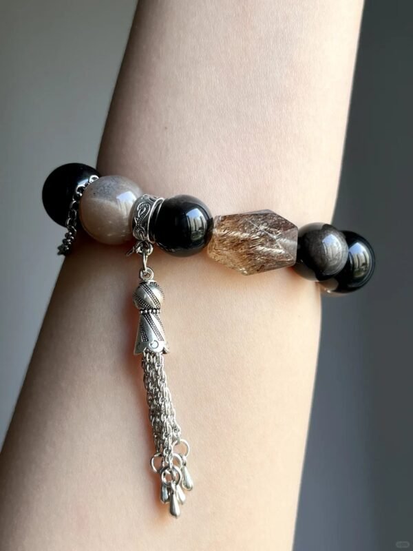 Hand-Wearing Multi-Gem Bracelet with Jade Flower, Sunstone, Silver Obsidian, Earth-Fire-Water-Metal Energy Weaves Fate Field