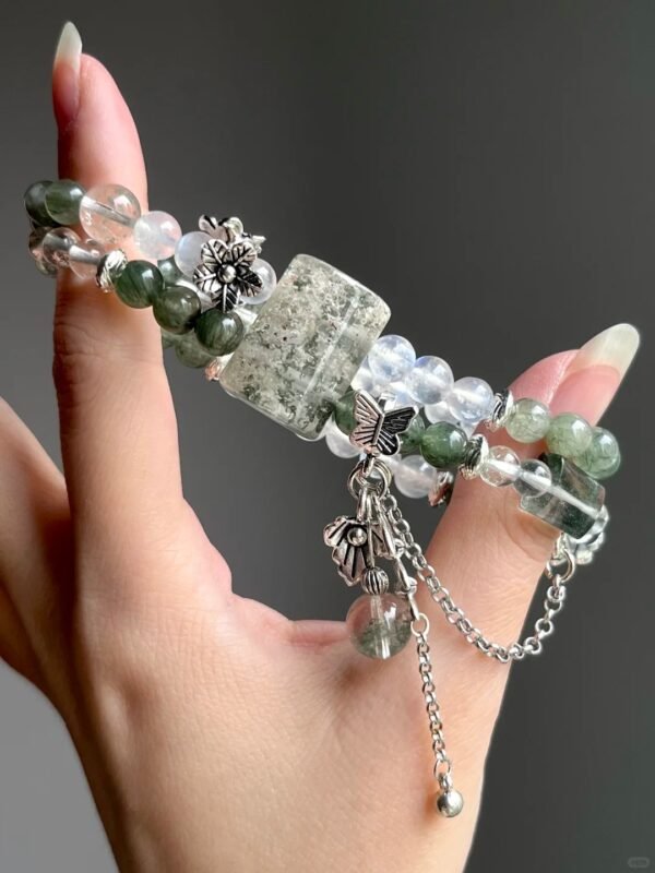 Close-Up of Multi-Gem Bracelet, Intuition Blade In Wood-Water-Metal