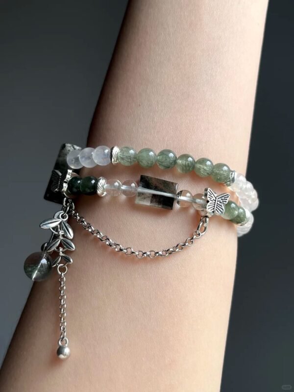 Hand-Wearing Green Phantom, Green Rutilated Quartz & Blue Moonstone Bracelet, Wood-Water-Metal Energy Weaves Growth Field