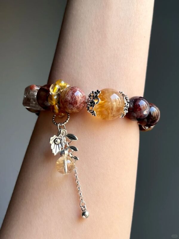 Hand-Wearing Multi-Gem Bracelet with Yellow Phantom, Yellow Azeztulite & Pietersite, Earth-Fire-Metal Energy Weaves Wealth Field