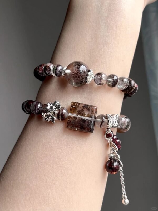 Hand-Wearing Multi-Gem Bracelet with Red Phantom Square, Pink Phantom & Ox-Blood Red Enhydro, Fire-Earth-Metal Energy Weaves Power Field