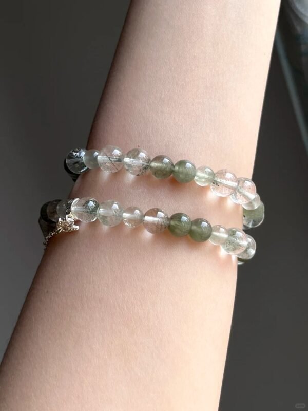 Hand-Wearing Multi-Gem Bracelet with Green Phantom, Green Rutilated Quartz & Clear Quartz, Wood-Metal Energy Weaves Nature Spiritual Field