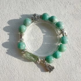 13mm Amazonite Bracelet Display, Green Fluorite Freeform & Silver Bluebird/Tassel, Wood-Water-Earth-Metal Energy Blends