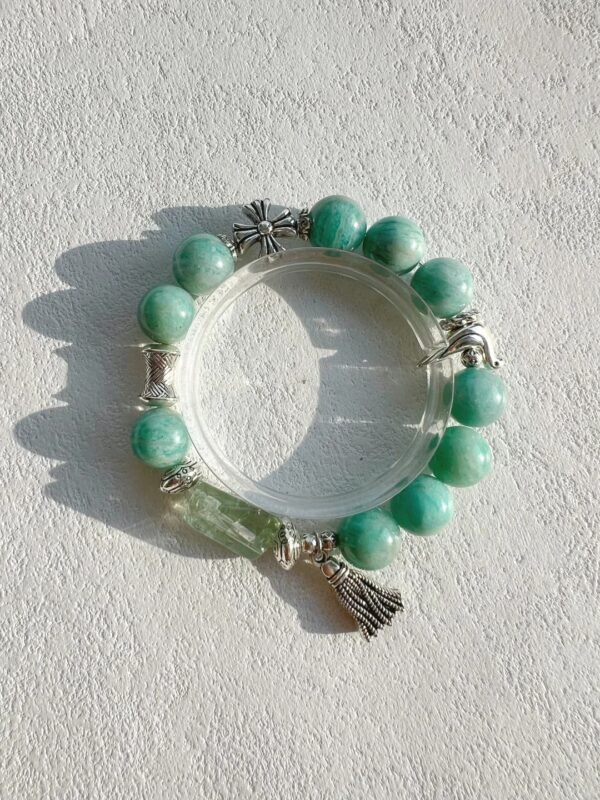 13mm Amazonite Bracelet Display, Green Fluorite Freeform & Silver Bluebird/Tassel, Wood-Water-Earth-Metal Energy Blends