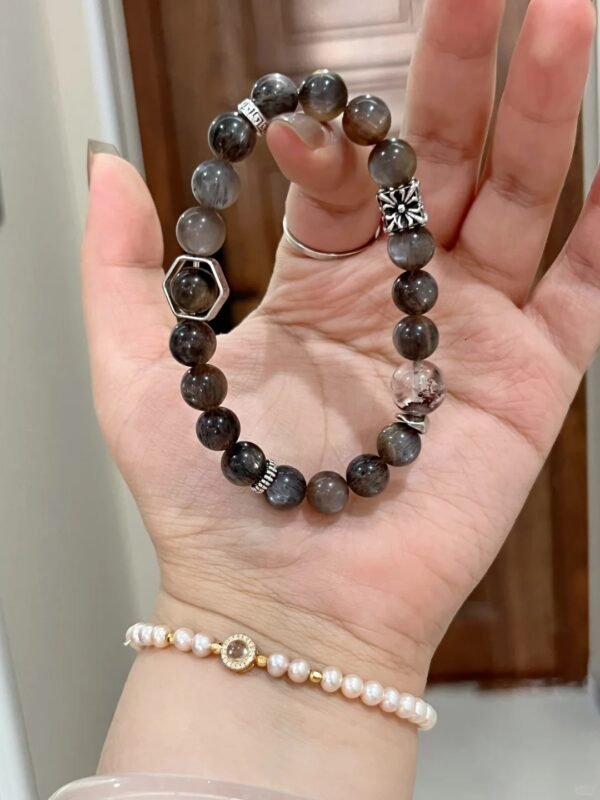 Hand-Holding 8mm Black Gold Skeletal Quartz & 9mm Phantom Bracelet, Earth-Metal Sync Rewrites Fate’s Path