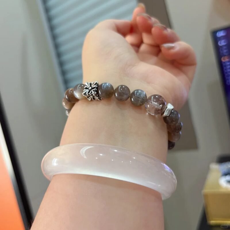 Hand-Wearing 8mm Black Gold Skeletal Quartz (19pcs) & 9mm Phantom Bracelet, Stacked With White Bangle, Earth-Metal Energy Breaks Obstacles For Manifestation