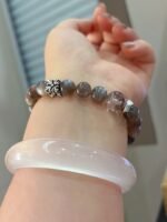Hand-Wearing 8mm Black Gold Skeletal Quartz (19pcs) & 9mm Phantom Bracelet, Stacked With White Bangle, Earth-Metal Energy Breaks Obstacles For Manifestation