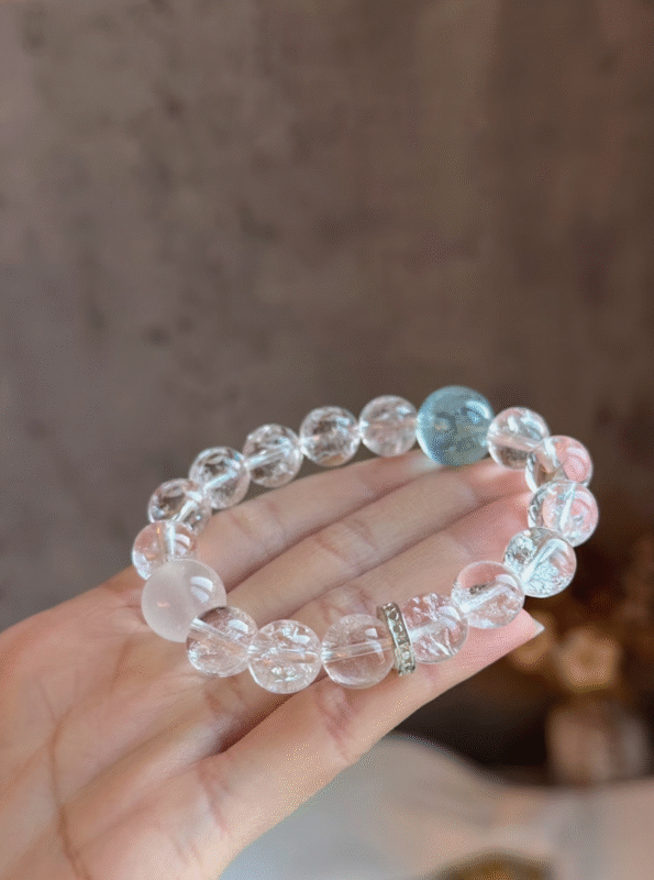 Hand-Wearing 10mm White Azeztulite, Aquamarine & Milky Quartz Bracelet, Metal-Water-Earth Energy Weaves High-Vibe Manifestation Field