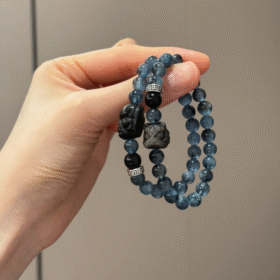Displaying 8mm Aquamarine, Silver Obsidian Pixiu/Lion, 8mm Black Obsidian Bracelet, Water-Metal Protection Fate Loop
