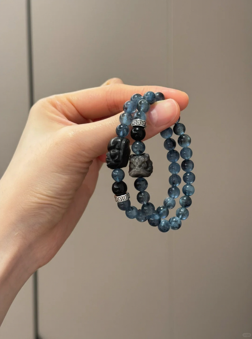 Displaying 8mm Aquamarine, Silver Obsidian Pixiu/Lion, 8mm Black Obsidian Bracelet, Water-Metal Protection Fate Loop