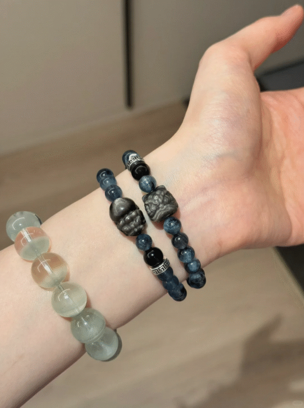 8mm Aquamarine Bracelet Stacked With Others, Water-Metal Protection Energy Sync