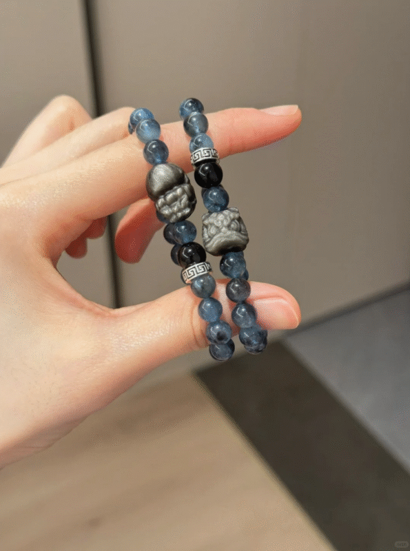 Holding 8mm Aquamarine, Silver Obsidian Pixiu/Lion, 8mm Black Obsidian Bracelet, Water-Metal Protection Sharpness
